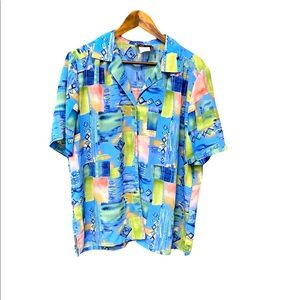 VTG DonnKenny XL Blue, Green and Pink Retro Print Button Down Ladies Shirt